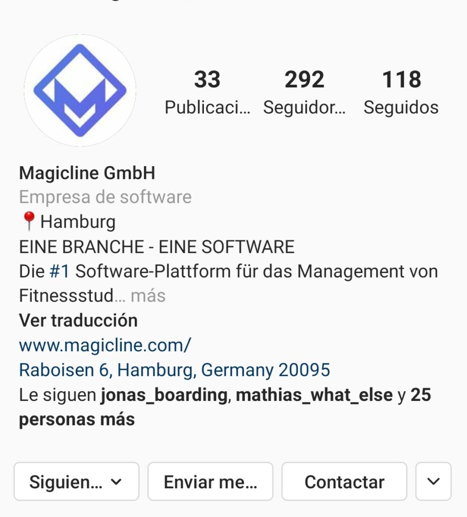Foto de ejemplo: Biografía e información en Instagram de contacto de Magicline