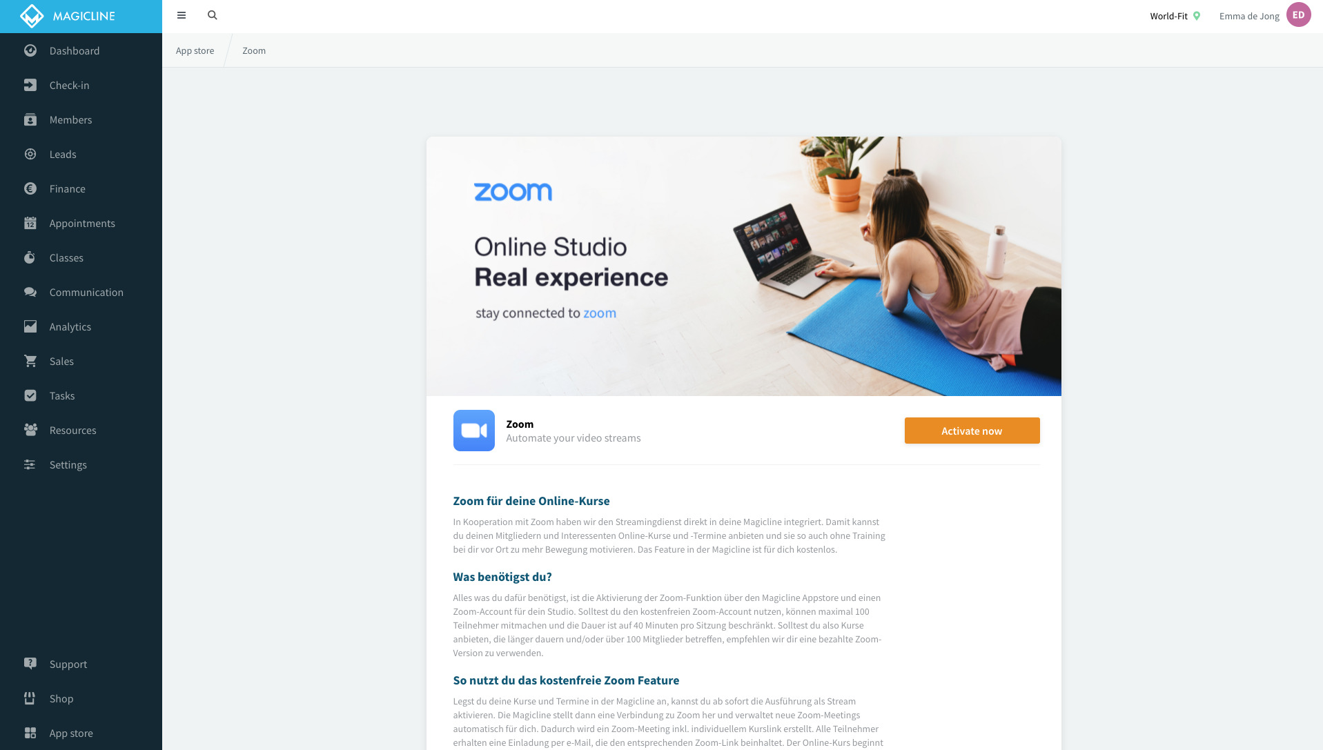 Image: Zoom integration in Magicline