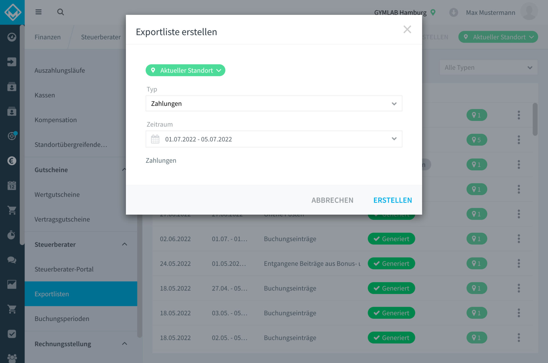 Bild: Exportliste