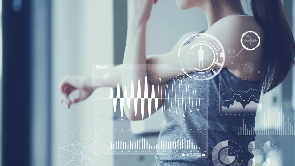 Woman stretching with her vital signs shown on charts presenting Magicline Open API concept