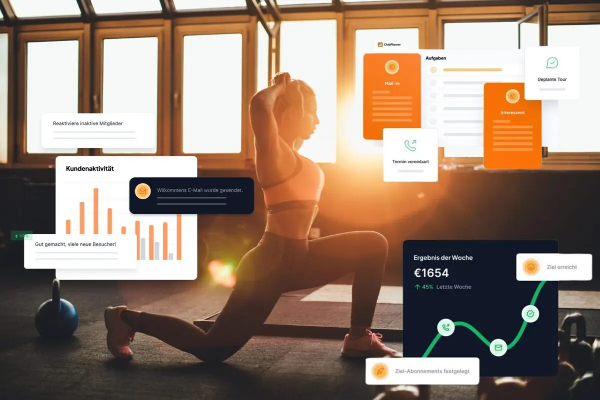 Frau beim Training in einem durch Sonnenlicht erhellten Fitnessstudio, mit Clubplanner-Dashboards über dem Bild
