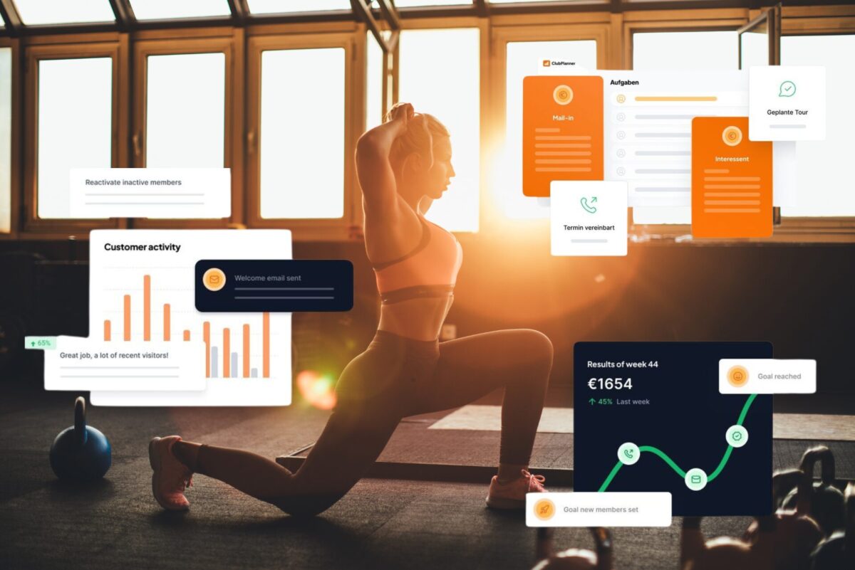 Woman working out in a sunlit gym, with Clubplanner dashboards overlaid on the image
